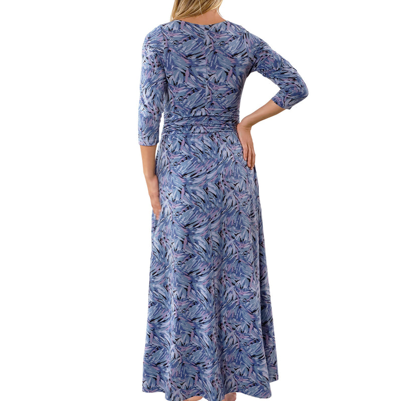 back view of womens scoop neck maxi dress in brushstrokes|brushstrokes