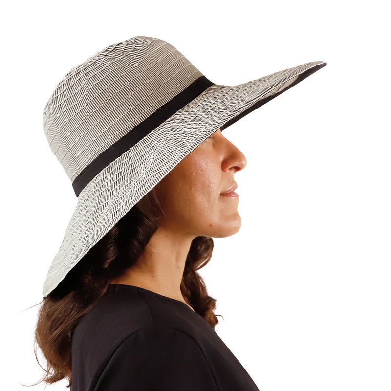 side view of woman in black pacifica hat|black