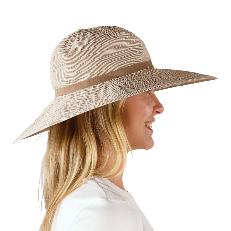 side view of woman in brown pacifica hat|brown