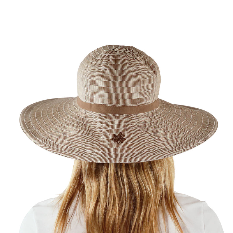 back view of woman in brown pacifica hat|brown