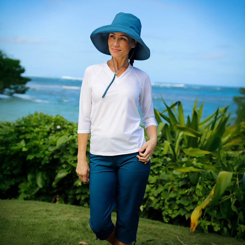 woman posing in womens roll up hat in midnight|midnight