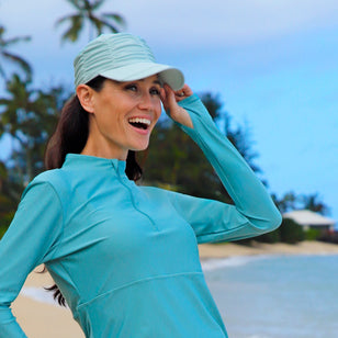 woman in ruched sun cap|dewdrop