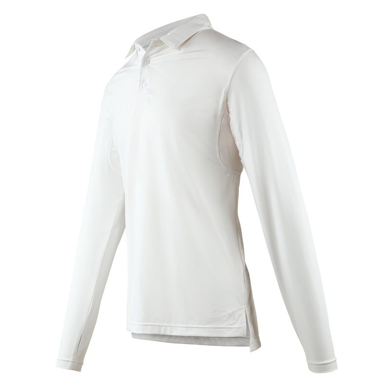 side view of mens long sleeve performance polo shirt in white|white