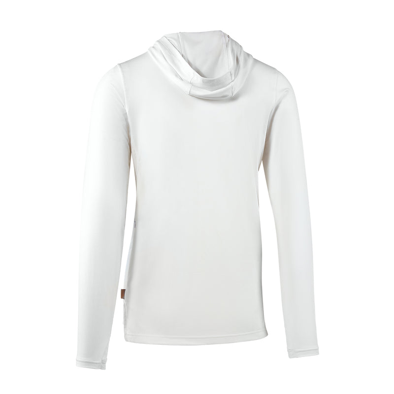 back view of mens performance sun hoodie in white|white