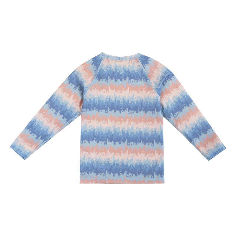 back view of kids long sleeve crew sunny swim shirt in sandcastle dreams|sandcastle-dream