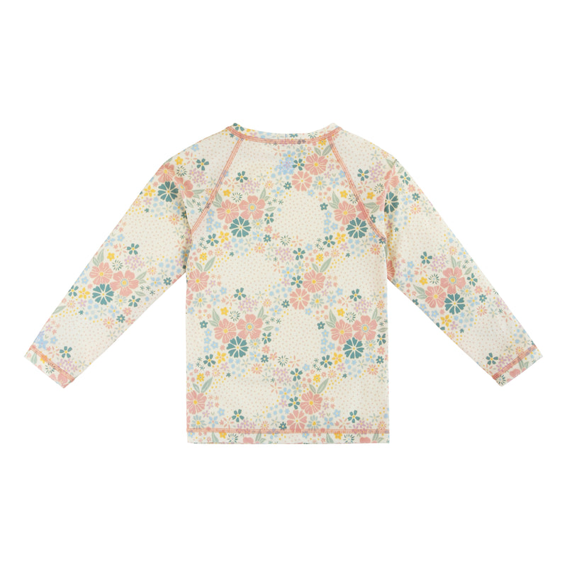 back view of kids long sleeve crew sunny swim shirt in secret garden|secret-garden