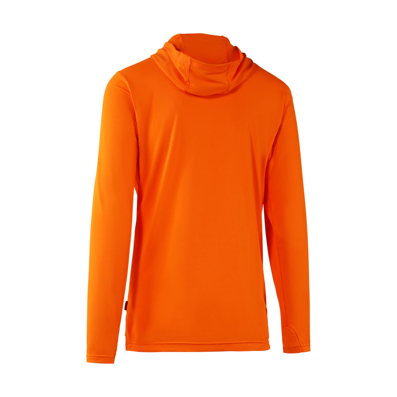 back view of mens workwear sun performance hoodie in neon orange|neon-orange