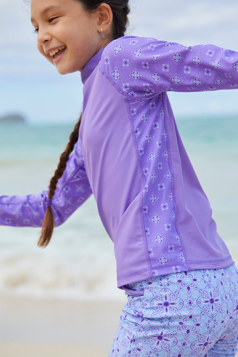 Kid Girl Sporty Back Slit Sun Protection Breathable Long-sleeve Light Purple Tee